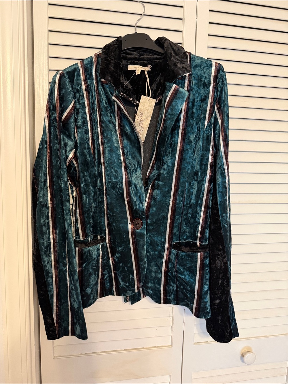 Mystree Teal Velvet Striped Blazer